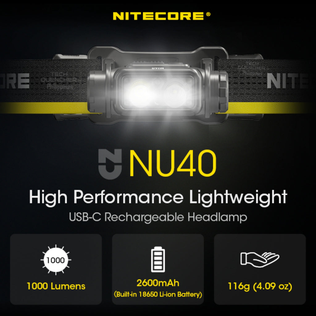 Nitecore NU40 Headlamp 1000 Lumens -116g -2 Dual Output- USB-C Rechargeable 2600mah Battery - IP68