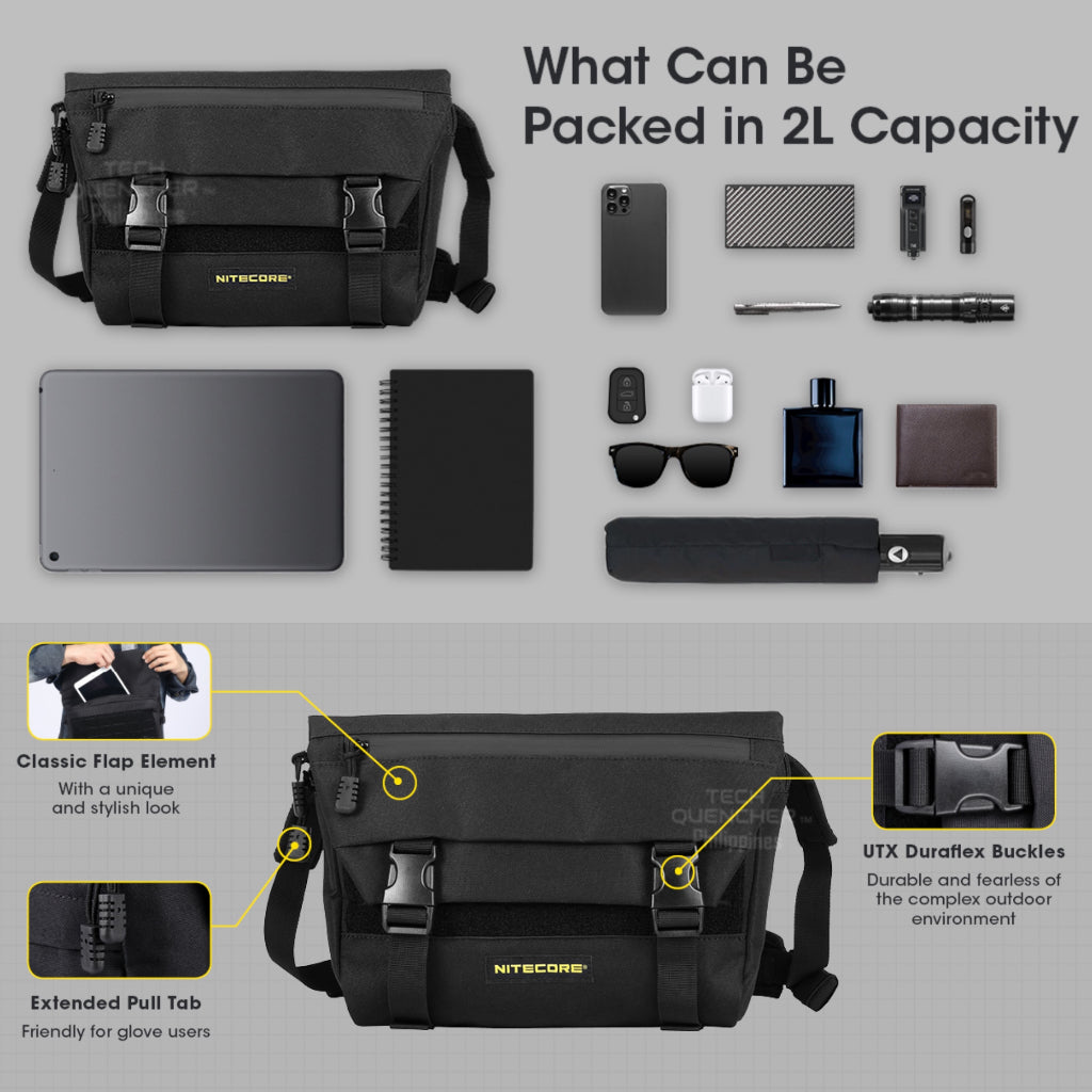 Nitecore SLB02 Sling Bag - Messenger Bag - 2L - Molle System - 500D Fabric - YKK Zipper - EDC - Ipad