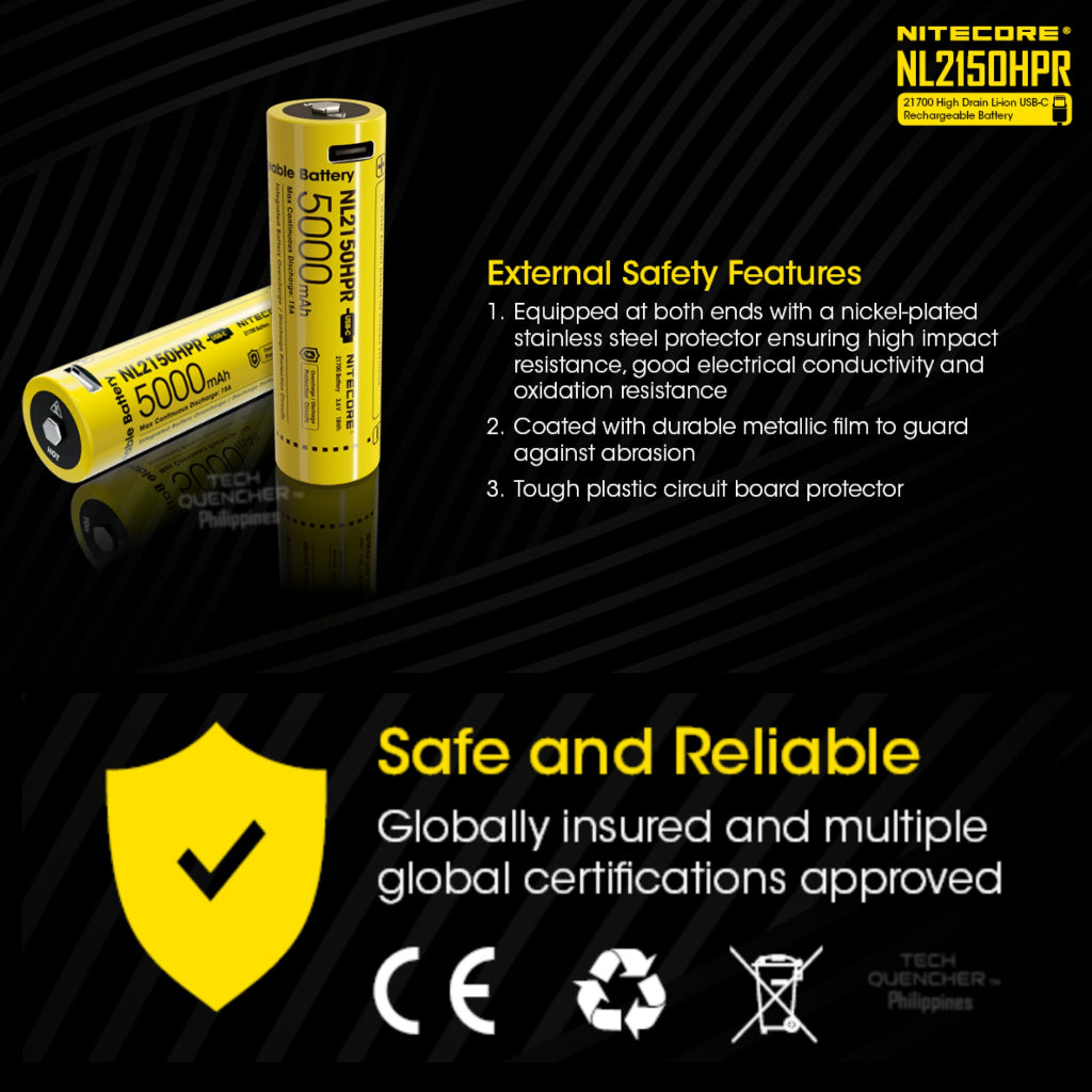 Nitecore NL2150HPR Battery - 5000mAh - 15A - 21700 - High Drain USB-C Rechargeable Battery