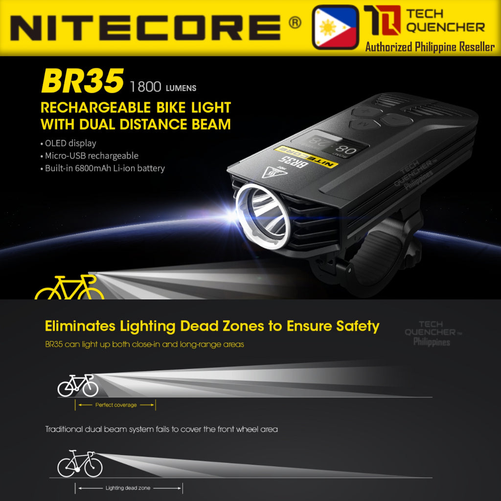 Nitecore BR35 Bike Light 1800 Lumens - Dual Beam - OLED - USB Rechargeable 6800mAh Battery - IPX7