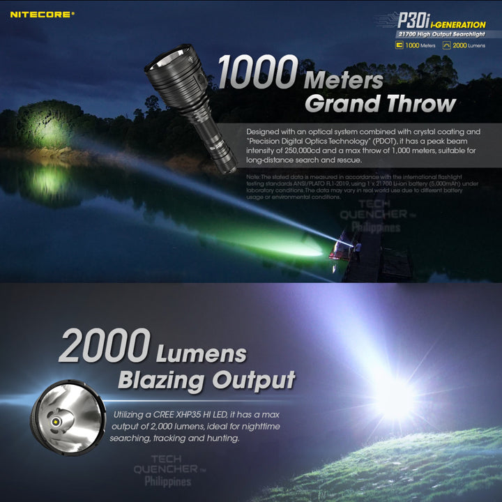 Nitecore P30i Flashlight 2000 Lumens- 1000m Beam Throw - USB-C Rechargeable 5000mAh Battery - IP68