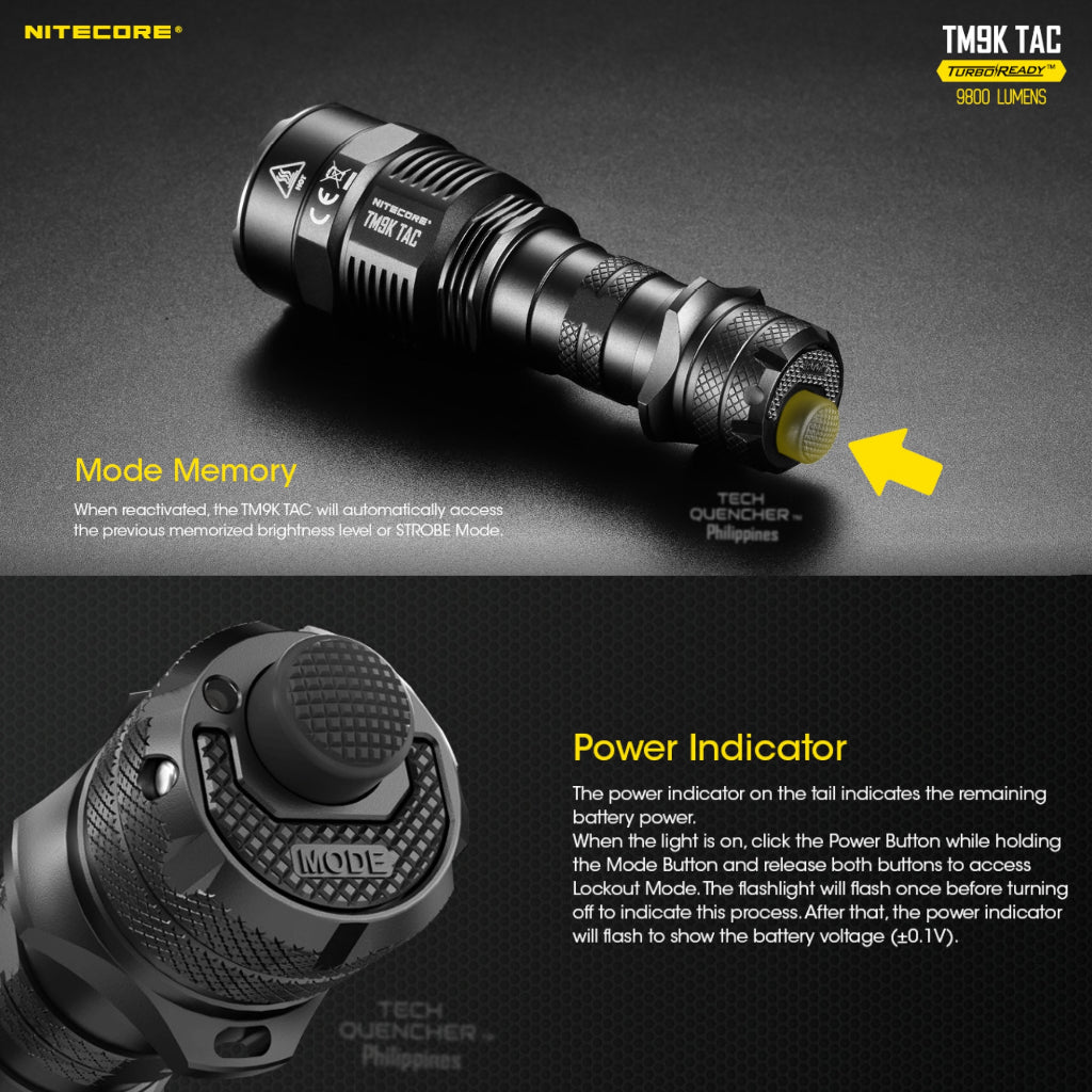 Nitecore TM9K TAC Flashlight - 9800 Lumens - 5000mAh Battery - USB-C QC Charging - IP68 - Tac Ring