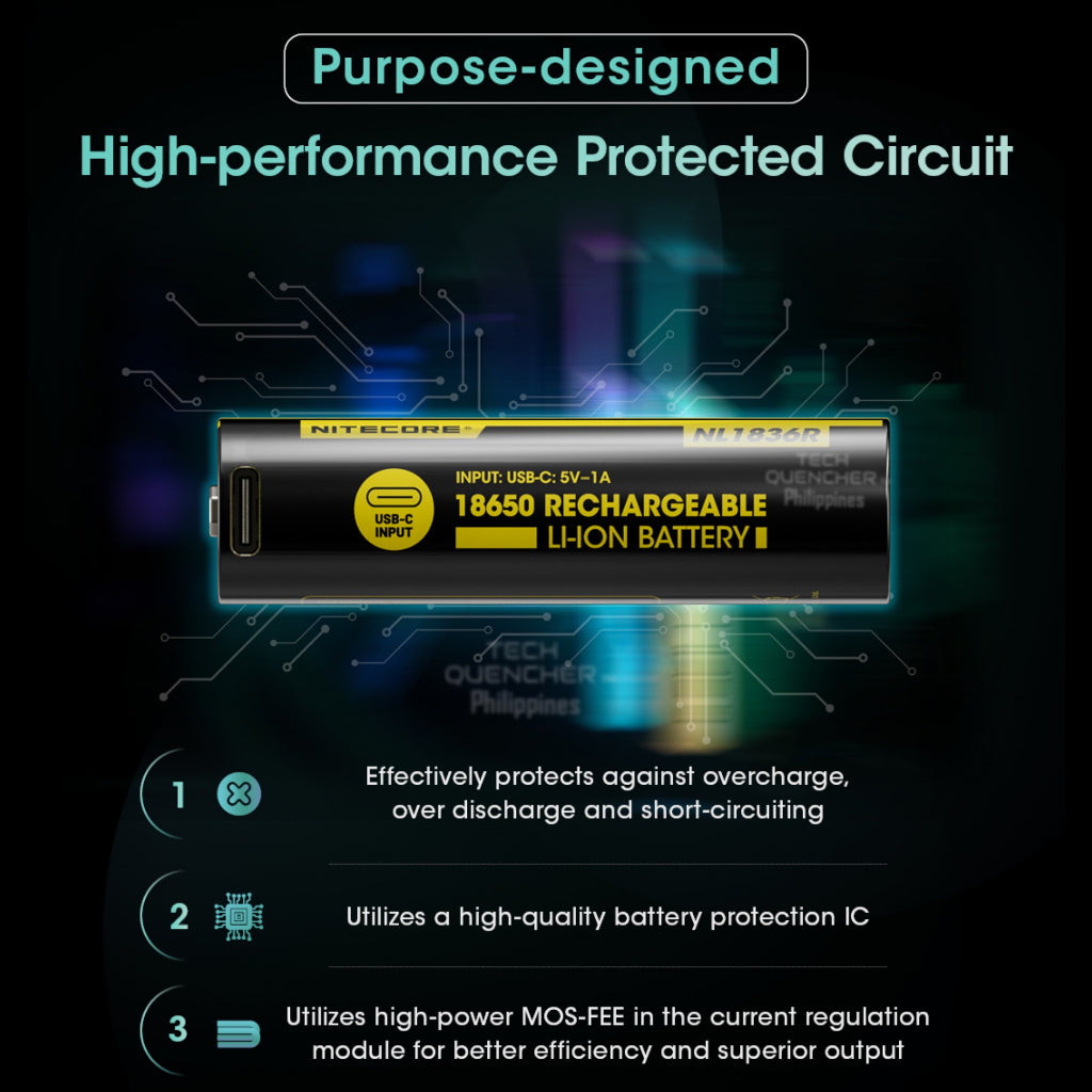 Nitecore NL1836R Battery - 3600mAh - 18650 - USB-C Charging - High Performance Protected Circuit