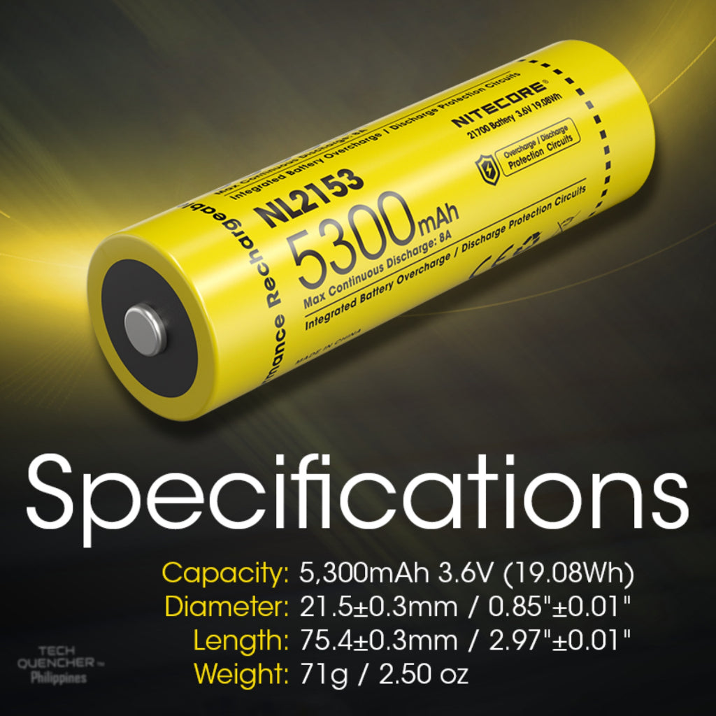 Nitecore NL2153 Battery 5300mAh 8A 21700 High Capacity Protected Li-ion Rechargeable Battery