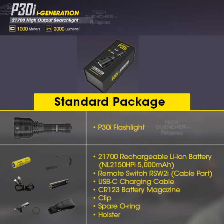Nitecore P30i Flashlight 2000 Lumens- 1000m Beam Throw - USB-C Rechargeable 5000mAh Battery - IP68
