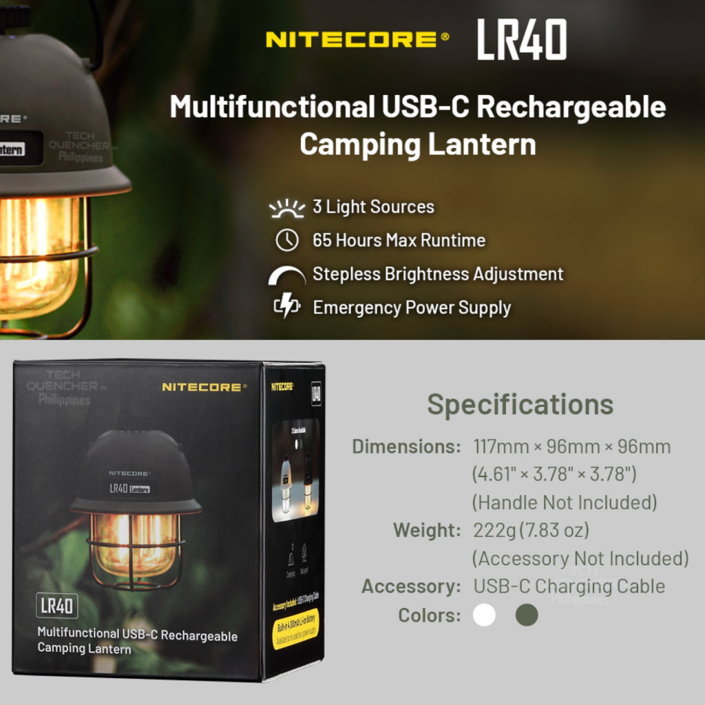 Nitecore LR40 Camping Light Lantern -65hour Runtime - 4000mah USB-C Rechargeable Battery - Powerbank