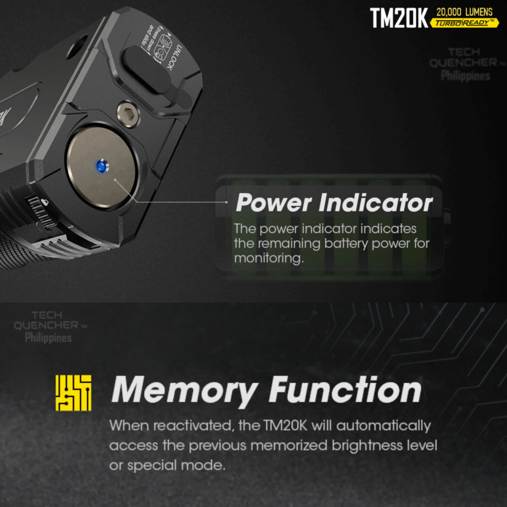 Nitecore TM20K Flashlight - 20000 Lumens - 9600mAh Battery - USB-C QC Charging - Tactical Searchlight