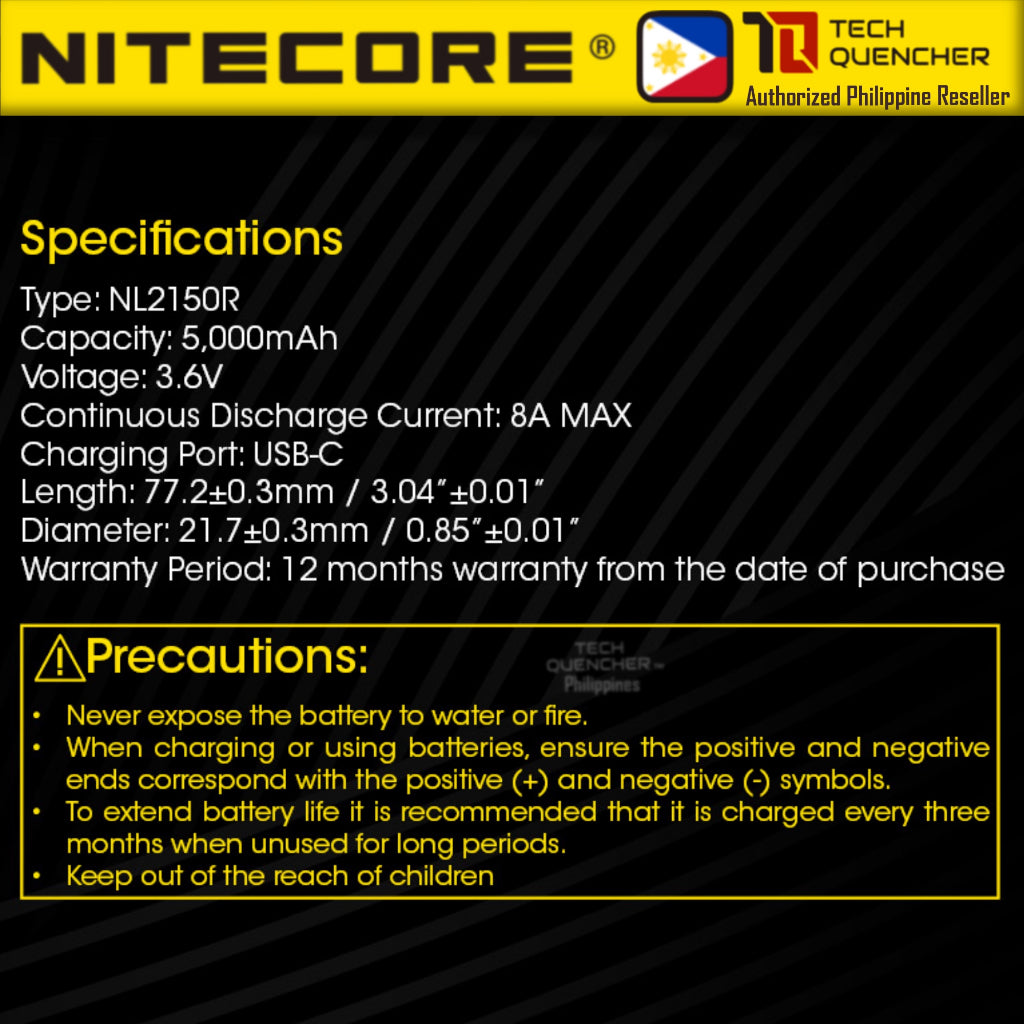 Nitecore NL2150R Battery - 5000mAh - 8A - 21700 - USB-C Rechargeable - with Charging Indicator Light