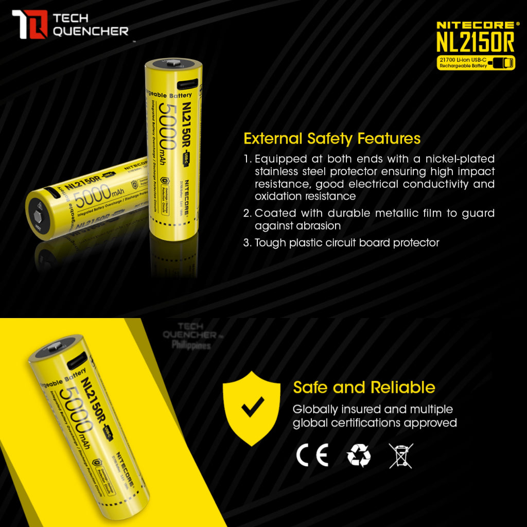 Nitecore NL2150R Battery - 5000mAh - 8A - 21700 - USB-C Rechargeable - with Charging Indicator Light