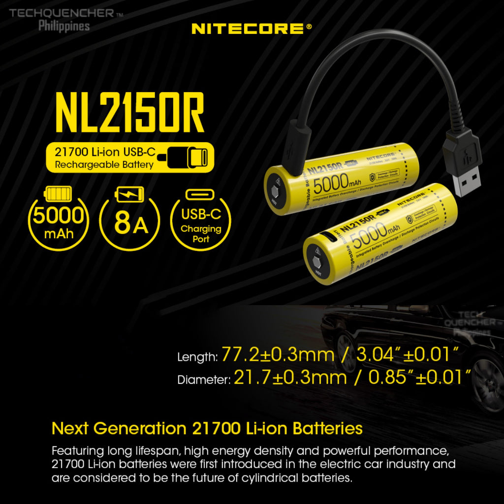 Nitecore NL2150R Battery - 5000mAh - 8A - 21700 - USB-C Rechargeable - with Charging Indicator Light