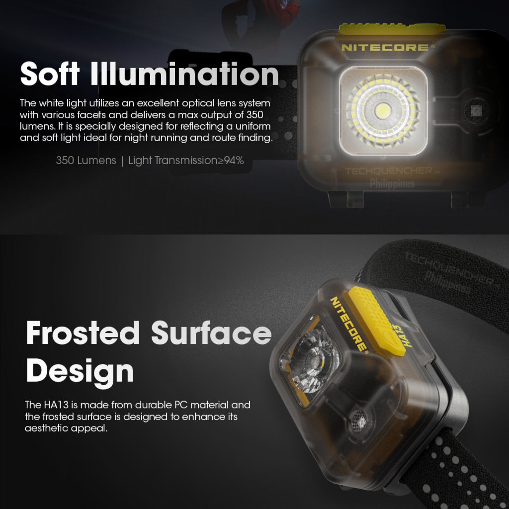 Nitecore HA13 Headlamp 350 Lumens -Dual Power AAA or HLB1300 - Floodlight + Redlight - IPX6 -100g