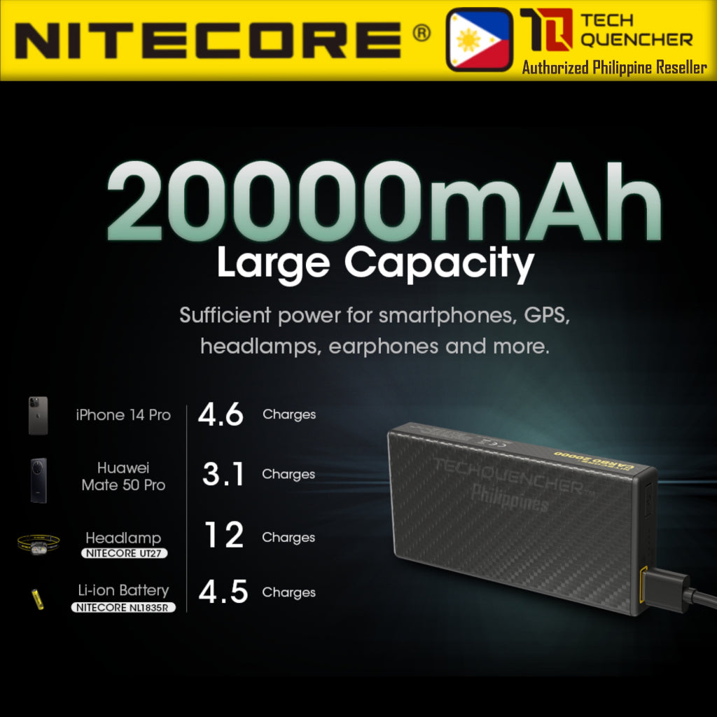 Nitecore Carbo 20000 - Unibody Carbon Fiber Powerbank 20000mAh - QC PD Charging -20watts -295 grams