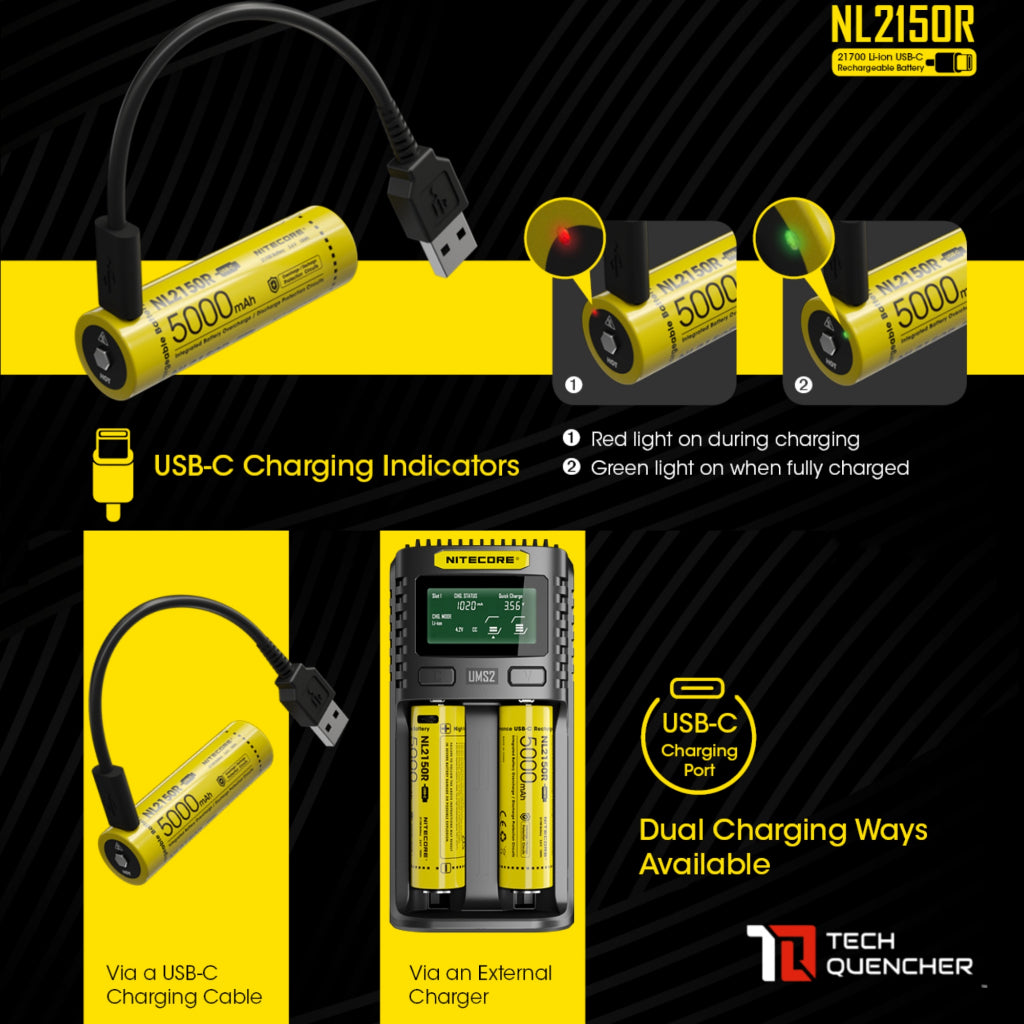 Nitecore NL2150R Battery - 5000mAh - 8A - 21700 - USB-C Rechargeable - with Charging Indicator Light