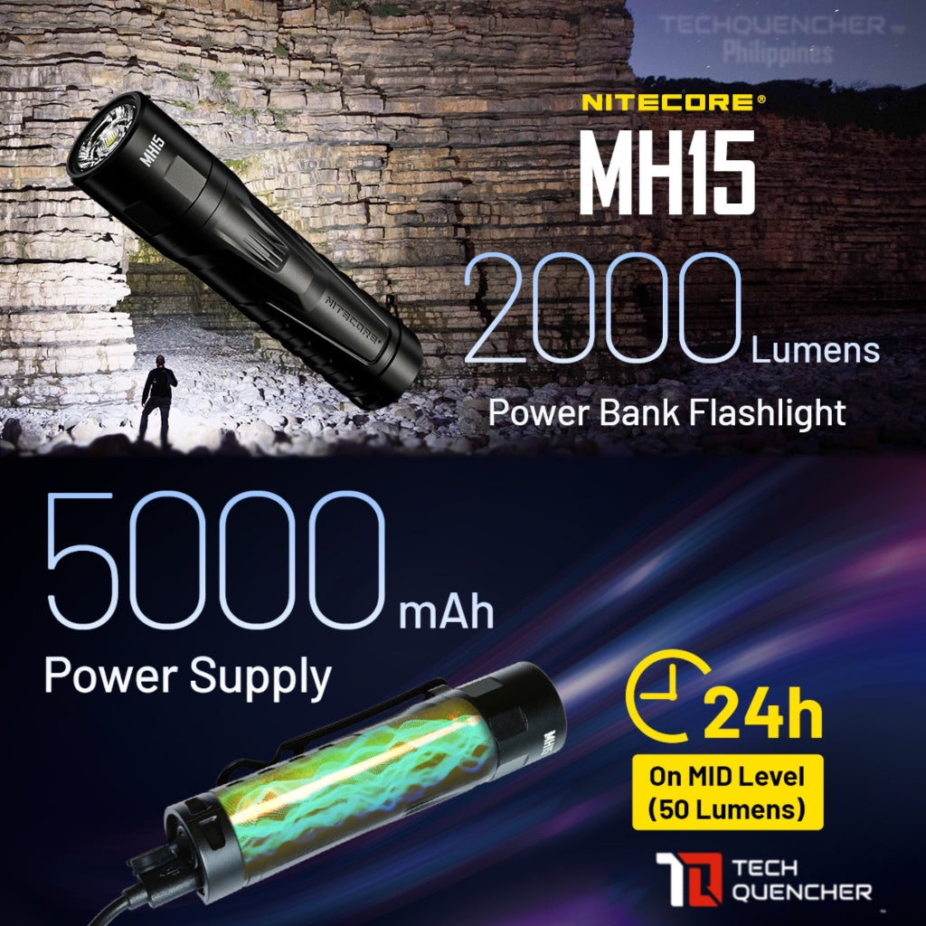 Nitecore MH15 Flashlight - Powerbank - 2000 Lumens - 5000mAh - USB-C Rechargeable - QC18W - IP68