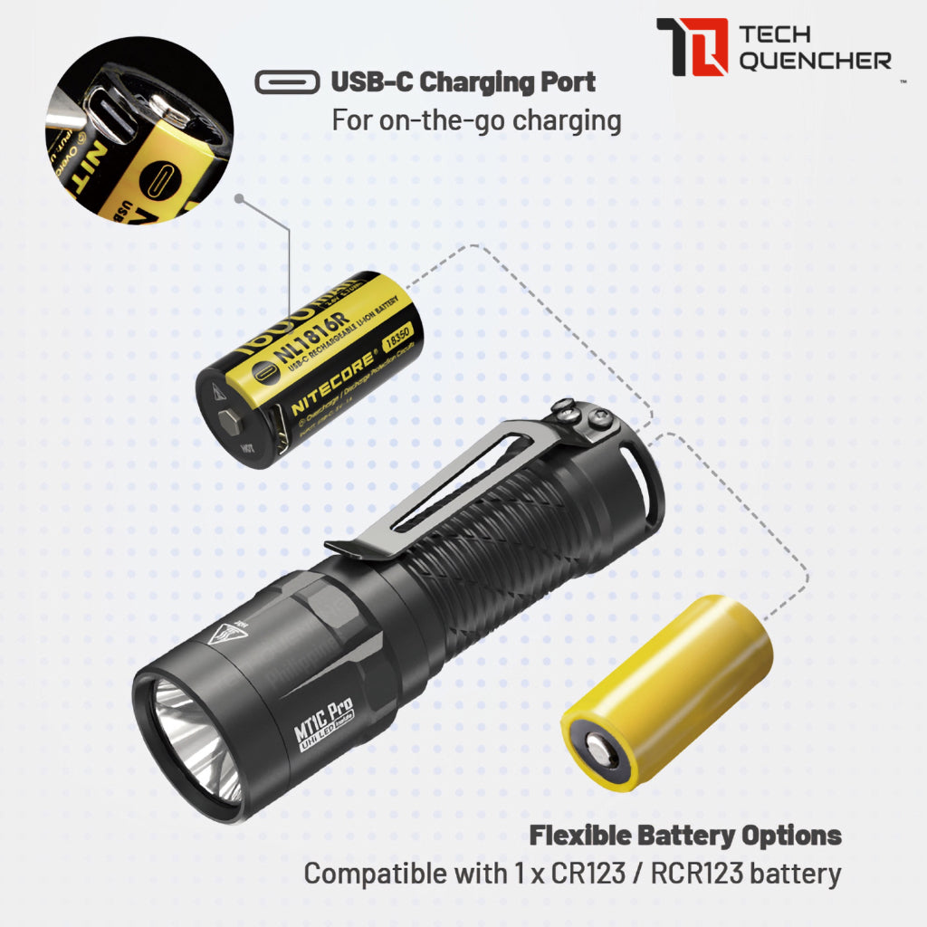 Nitecore MT1C Pro Flashlight - 1000 Lumens - UHi 20 LED - USB-C Rechargeable 18350 Battery  - IP68