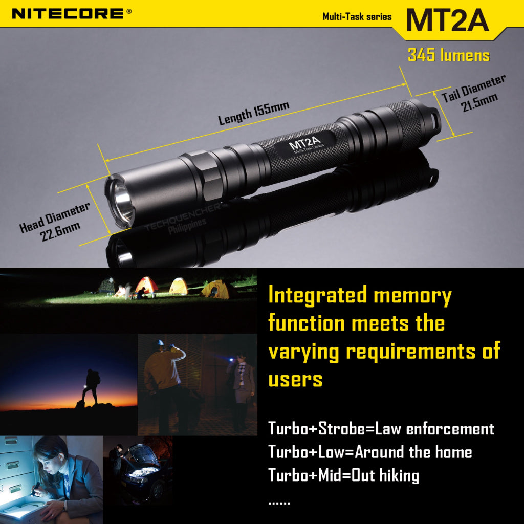 Nitecore MT2A Flashlight - 345 Lumens - 2x AA Battery - Turbo Mode - 67 grams - 50h runtime - IPX8