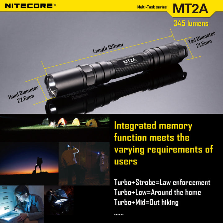 Nitecore MT2A Flashlight - 345 Lumens - 2x AA Battery - Turbo Mode - 67 grams - 50h runtime - IPX8