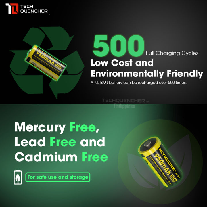 Nitecore NL169R - RCR123A 16340 - 950mAh - 2A - High Performance Li-ion USB-C Rechargeable Battery