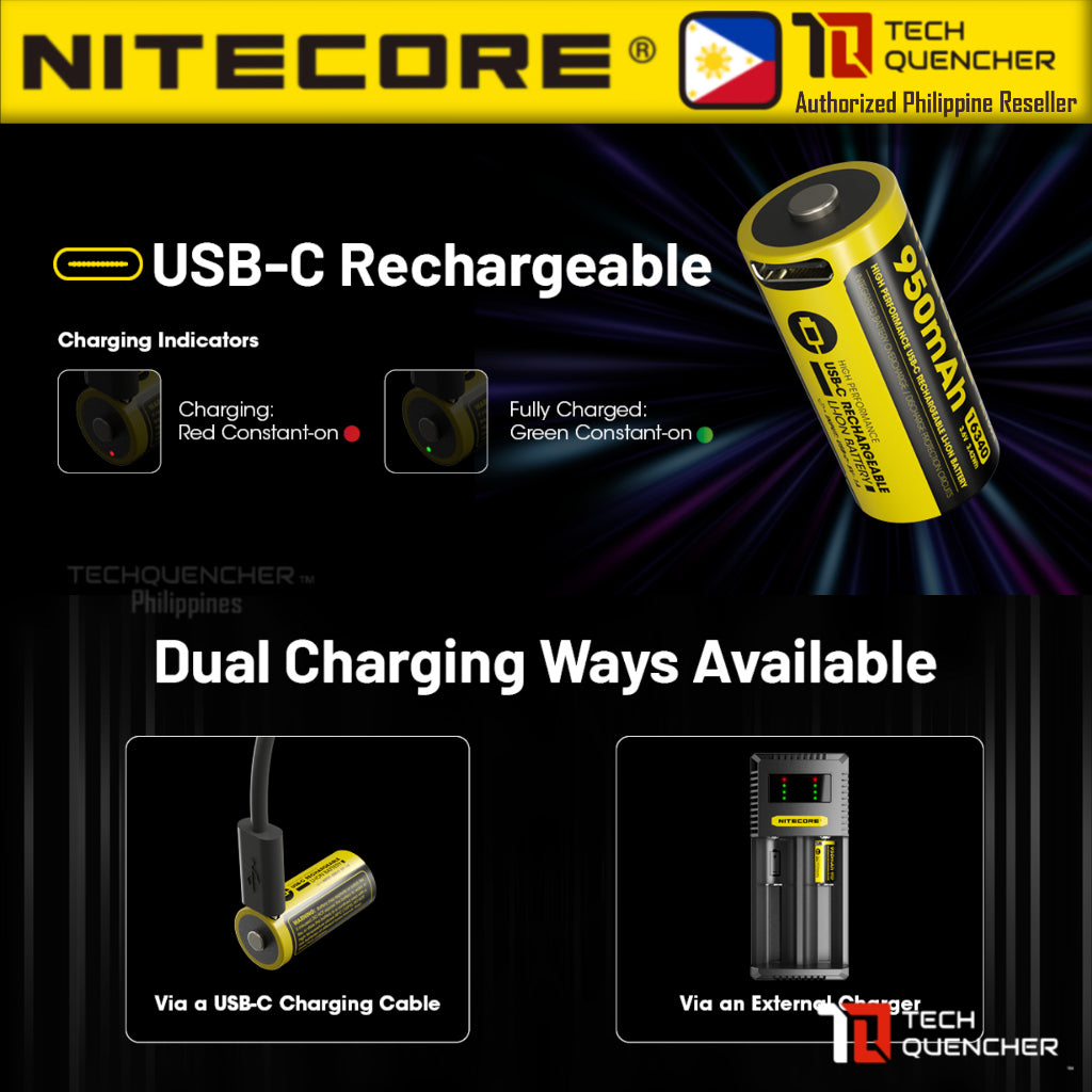 Nitecore NL169R - RCR123A 16340 - 950mAh - 2A - High Performance Li-ion USB-C Rechargeable Battery