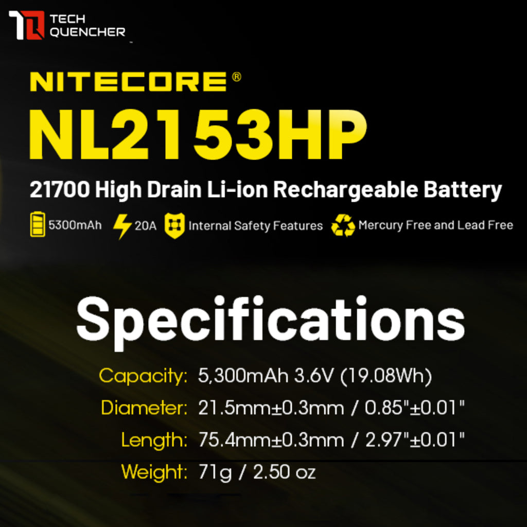 Nitecore NL2153HP 5300mAh Battery - 20A - 21700 High Drain High Capacity Li-ion Rechargeable Battery