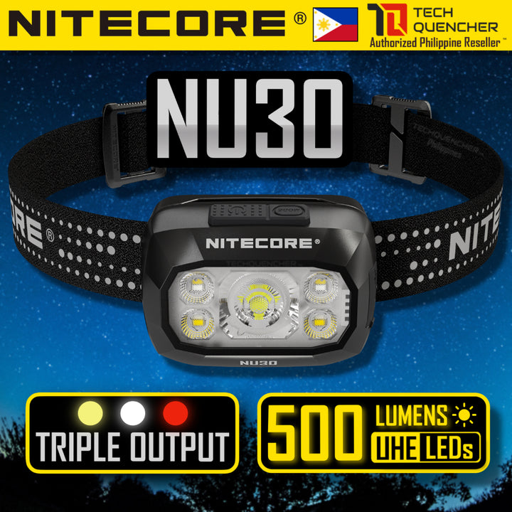 Nitecore NU30 Headlamp 500 Lumens- USB-C Rechargeable 1500mAh Battery - 3 Light Sources - IP66 - UHE