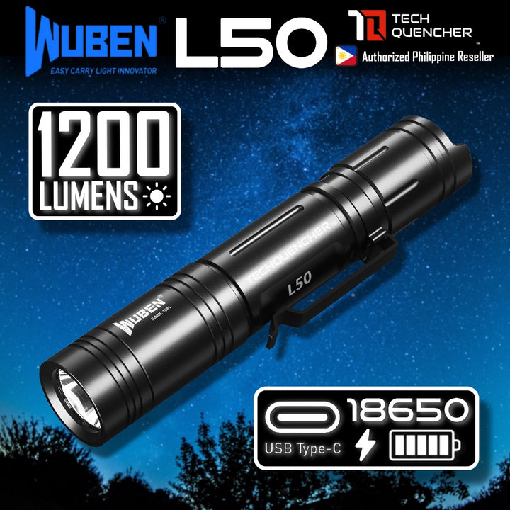 Wuben L50 Flashlight - 1200 Lumens - 200m - USB-C Rechargeable - 18650 - 2600mAh Battery - IP68 -EDC