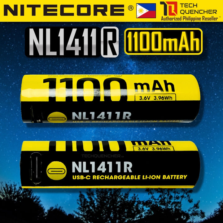 Nitecore NL1411R Battery - 1100mAh -14500 Lithium Ion Battery - USB-C Rechargeable - 3.6V - MT1A Pro