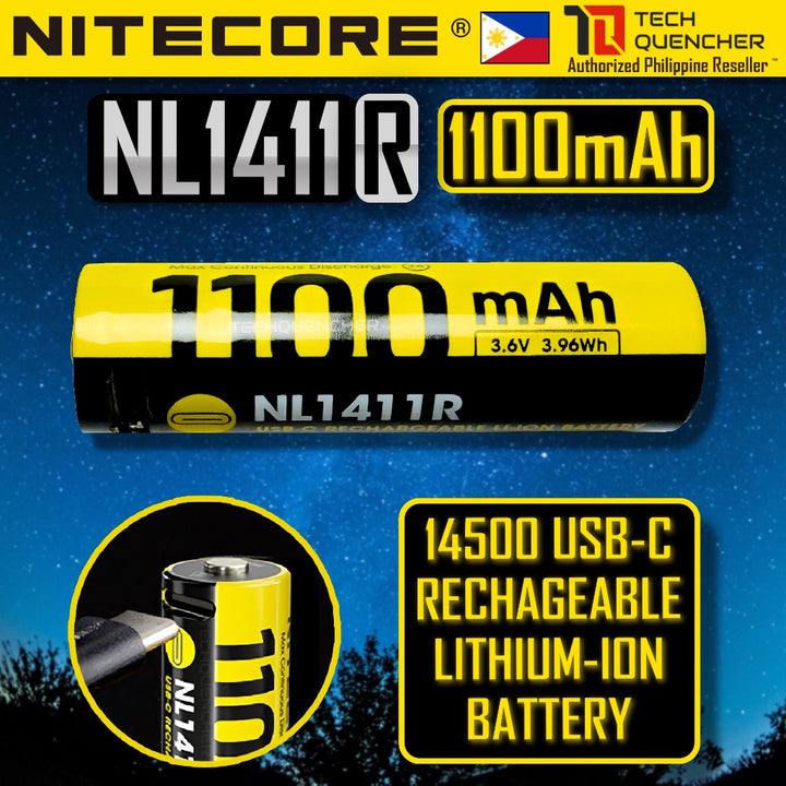 Nitecore NL1411R Battery - 1100mAh -14500 Lithium Ion Battery - USB-C Rechargeable - 3.6V - MT1A Pro