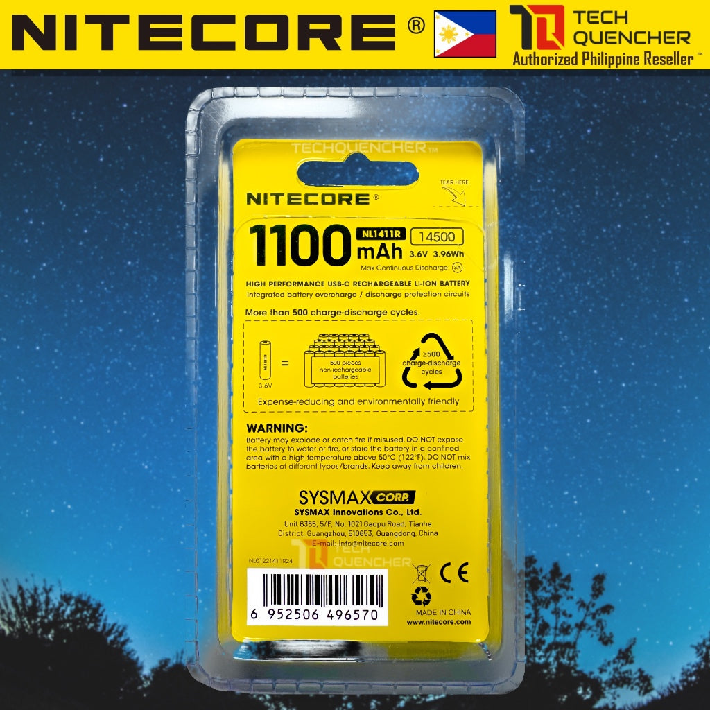 Nitecore NL1411R Battery - 1100mAh -14500 Lithium Ion Battery - USB-C Rechargeable - 3.6V - MT1A Pro