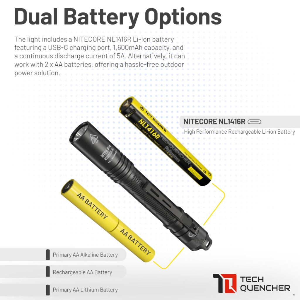 Nitecore MT2A Pro Flashlight - 1000 Lumens - 2x AA Battery - 255m - USB-C Rechargeable Battery- IP68