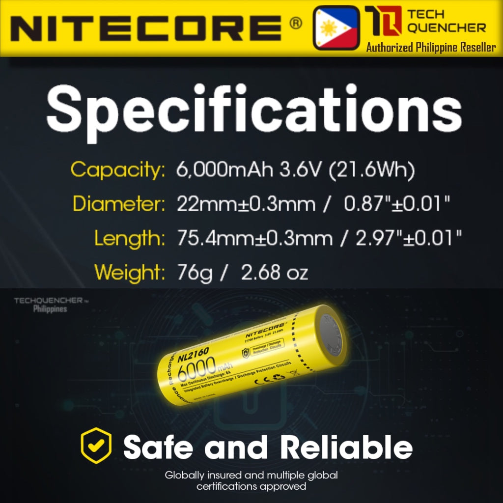 Nitecore NL2160 Battery 6000mAh 8A 21700 High Capacity Protected Li-ion Rechargeable Battery IPX6