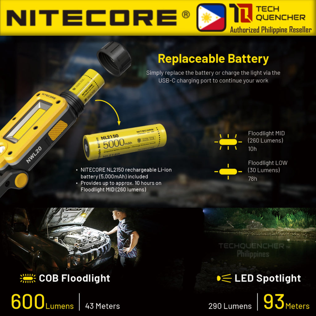Nitecore NWL20 Multifunction Work Light - 600 Lumens - Floodlight - Spotlight - Replaceable Battery