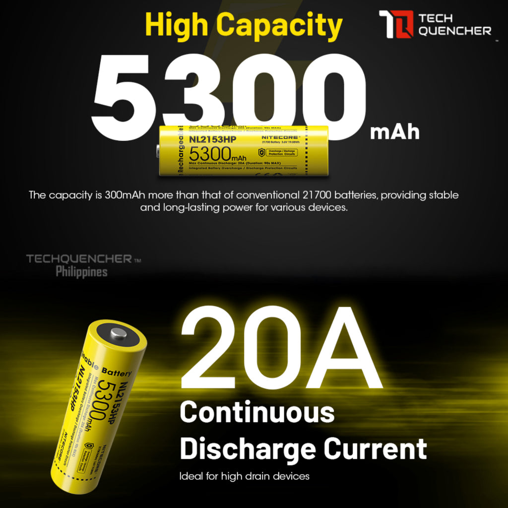 Nitecore NL2153HP 5300mAh Battery - 20A - 21700 High Drain High Capacity Li-ion Rechargeable Battery