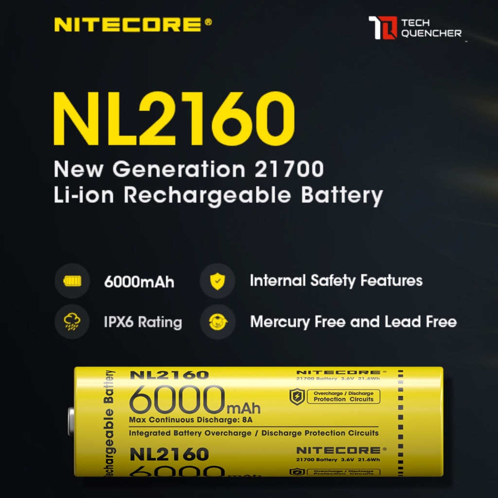 Nitecore NL2160 Battery 6000mAh 8A 21700 High Capacity Protected Li-ion Rechargeable Battery IPX6