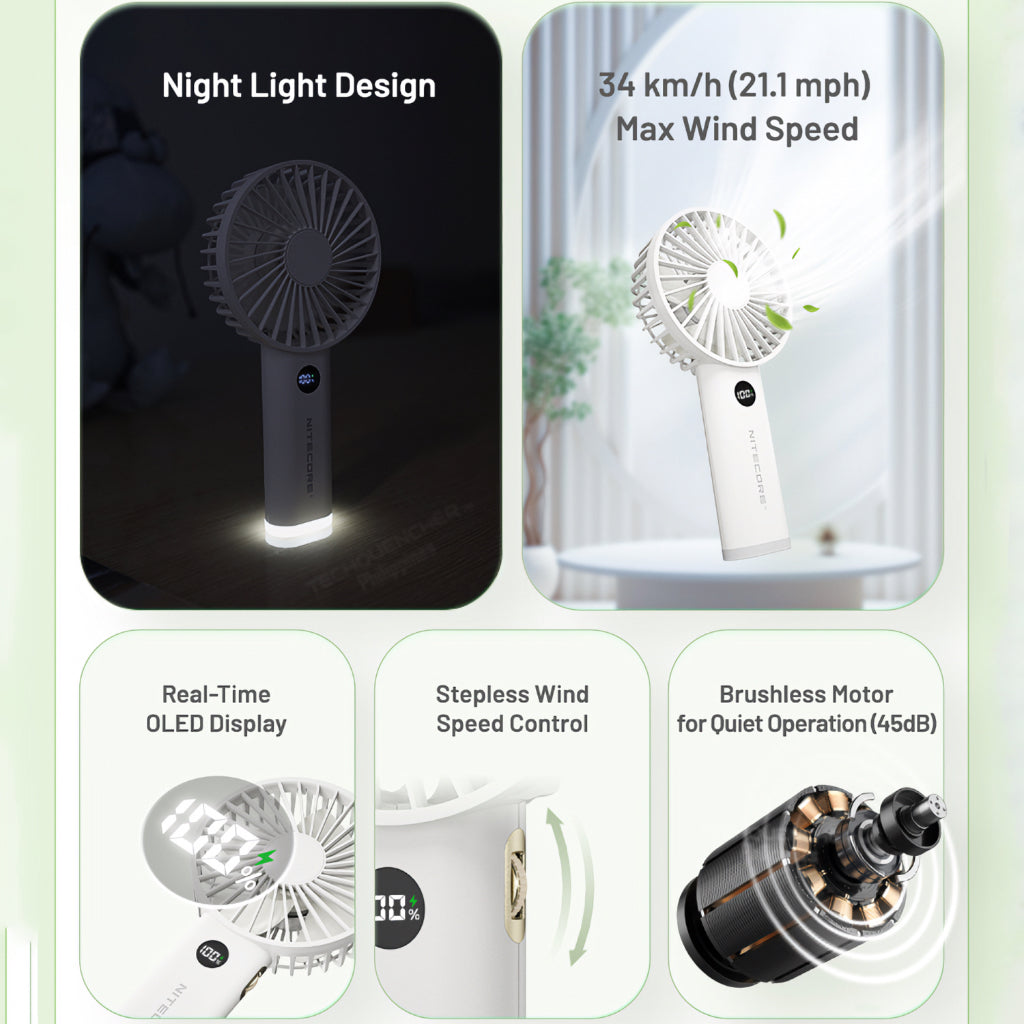 Nitecore NEF03 Portable Handheld Fan - OLED Screen - Night Light- 3600mAh Battery - Stepless Control