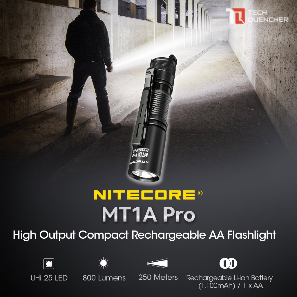 Nitecore MT1A Pro Flashlight - 800 Lumens - 1x AA Battery - 250m - USB-C Rechargeable Battery- IP68