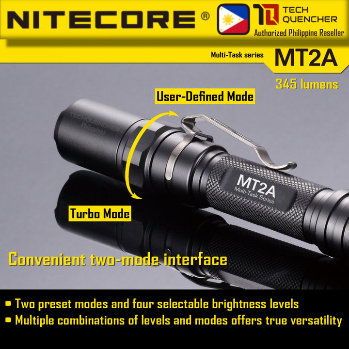 Nitecore MT2A Flashlight - 345 Lumens - 2x AA Battery - Turbo Mode - 67 grams - 50h runtime - IPX8