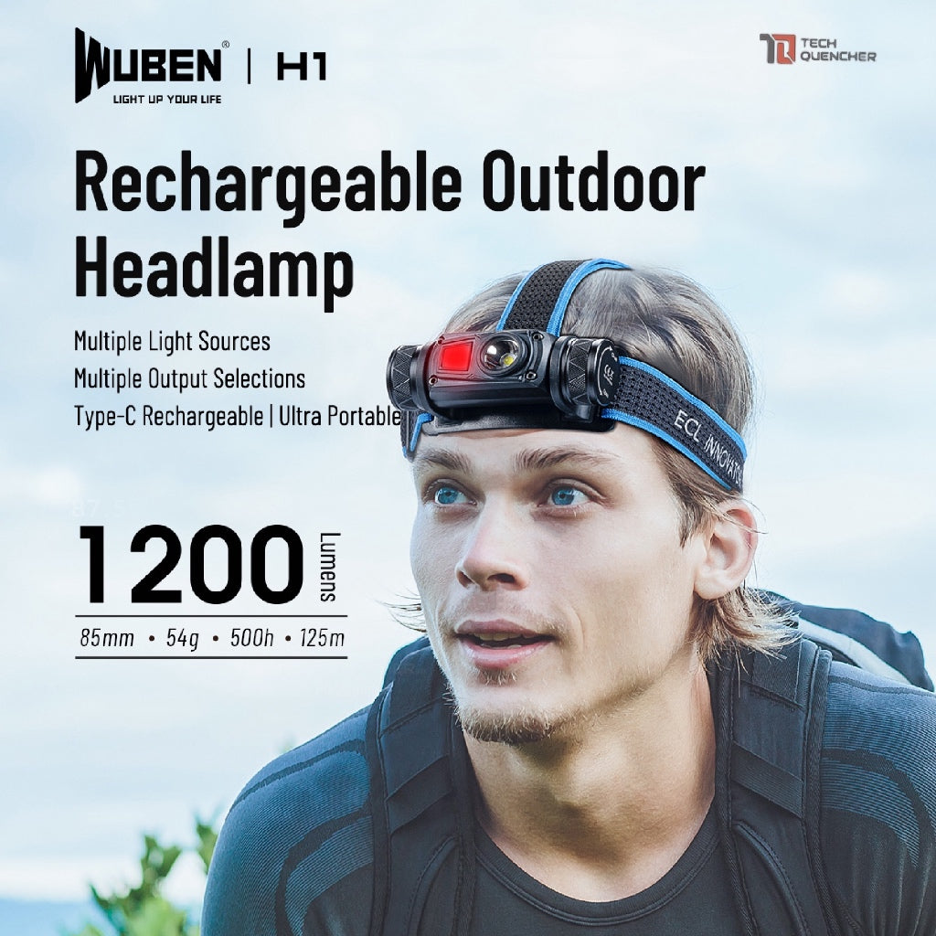 Wuben H1 Headlamp - 1200 Lumens - 125 meters - USB-C Rechargeable -18650 -2600mAh Battery -IP68