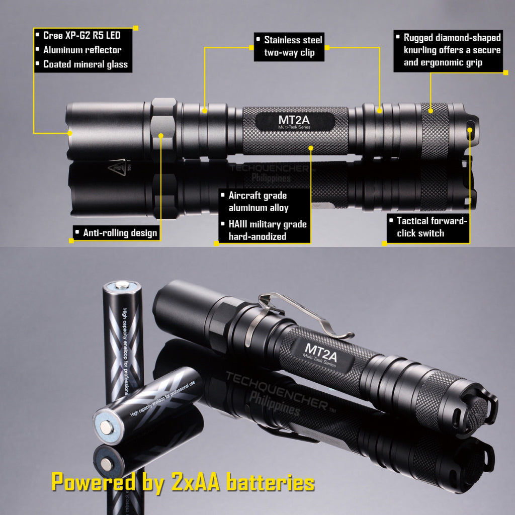 Nitecore MT2A Flashlight - 345 Lumens - 2x AA Battery - Turbo Mode - 67 grams - 50h runtime - IPX8