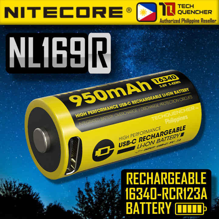 Nitecore NL169R - RCR123A 16340 - 950mAh - 2A - High Performance Li-ion USB-C Rechargeable Battery