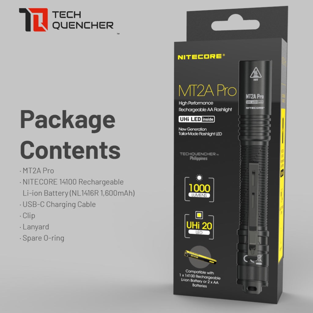 Nitecore MT2A Pro Flashlight - 1000 Lumens - 2x AA Battery - 255m - USB-C Rechargeable Battery- IP68