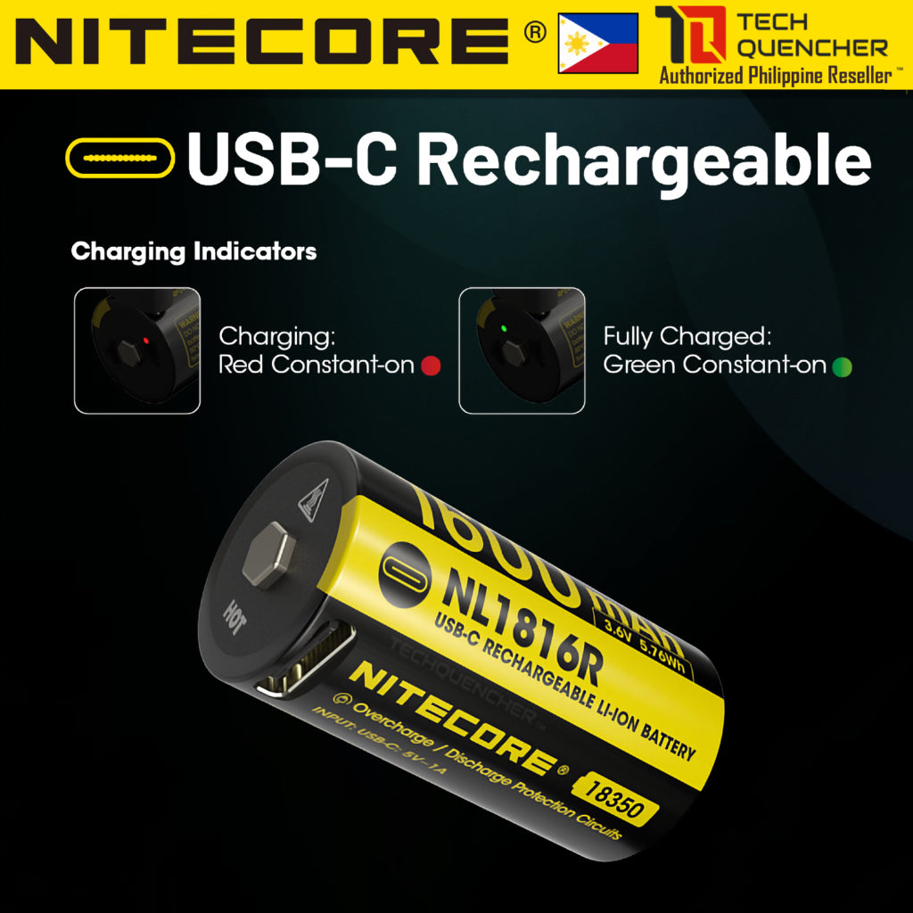 Nitecore NL1816R - 18350 - 1600mAh - USB-C - High Performance Protected Li-ion Rechargeable Battery