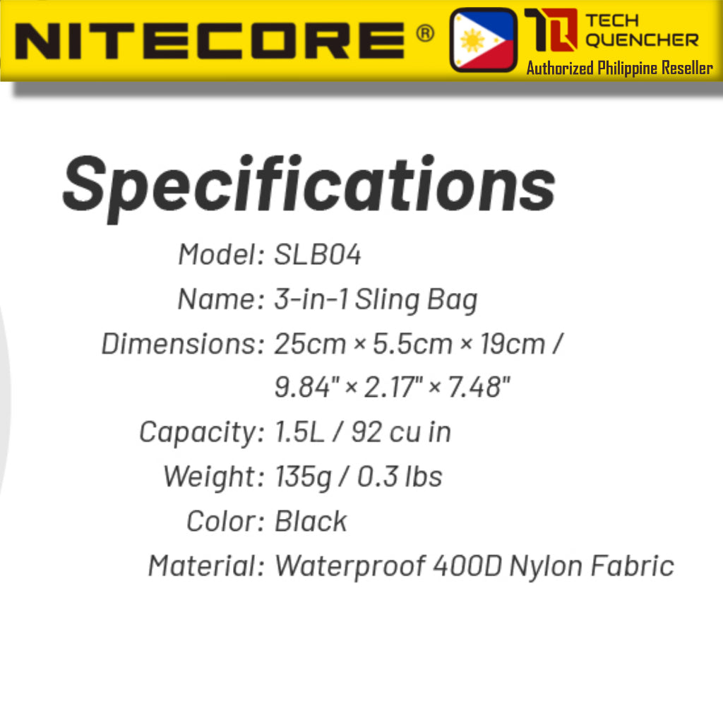 Nitecore SLB04 Sling Bag - 1.5 Liter - 400D Premium Nylon Fabric -Water Resistant Zipper- Ipad Mini