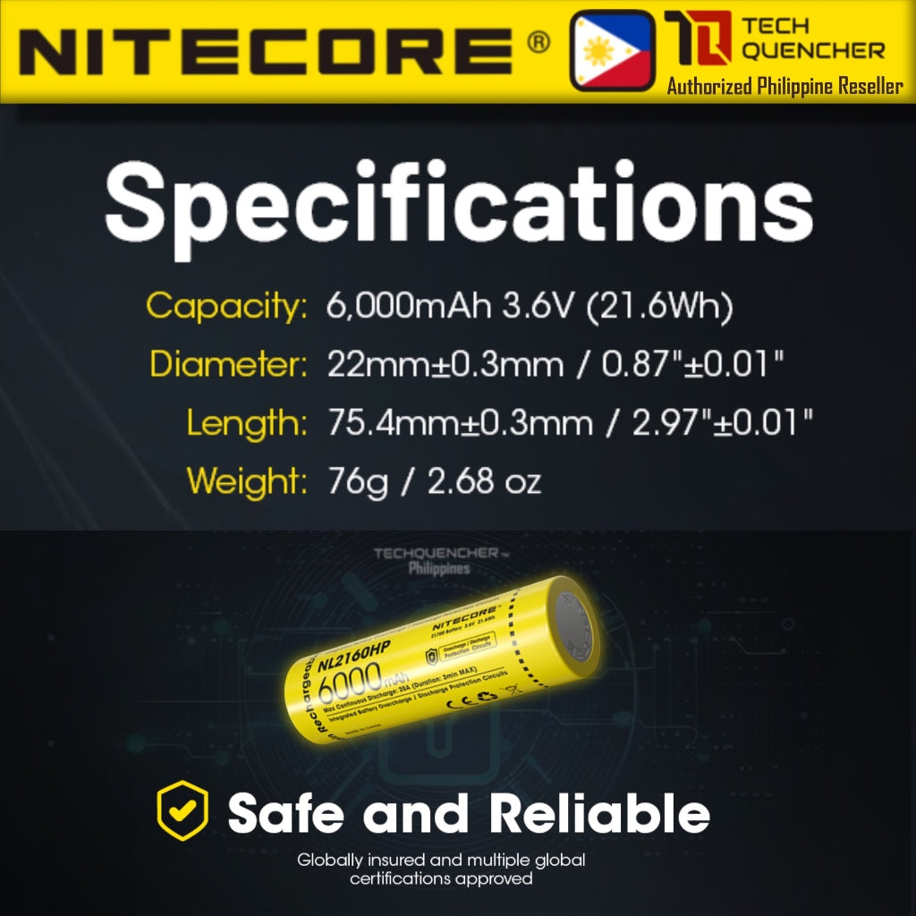 Nitecore NL2160HP 6000mAh Battery - 20A - 21700 High Drain High Capacity Li-ion Rechargeable Battery