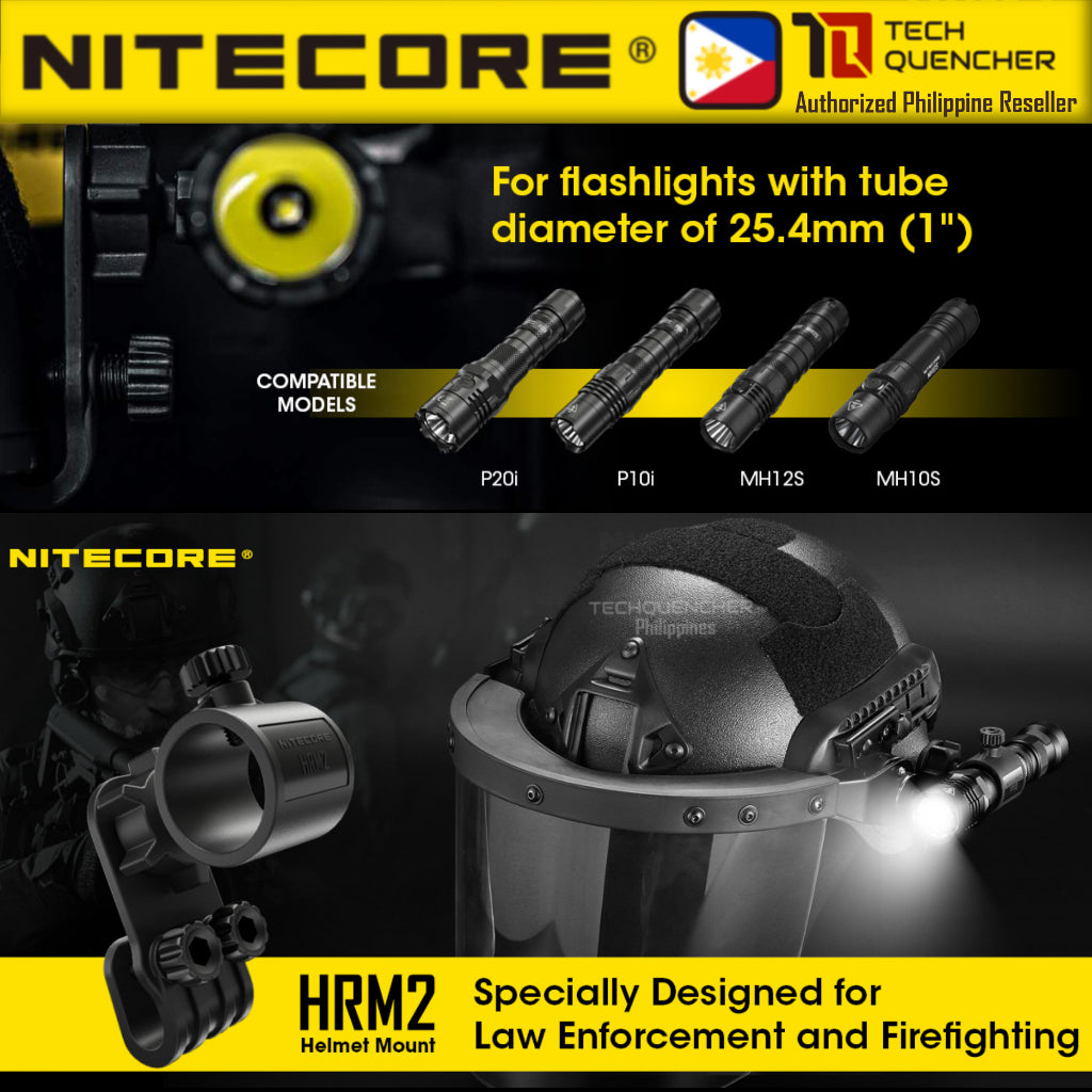 Nitecore HRM2 Flashlight Helmet Mount - 3D Pivoting System - Supports 1 inch ( 25.4mm ) Diameter