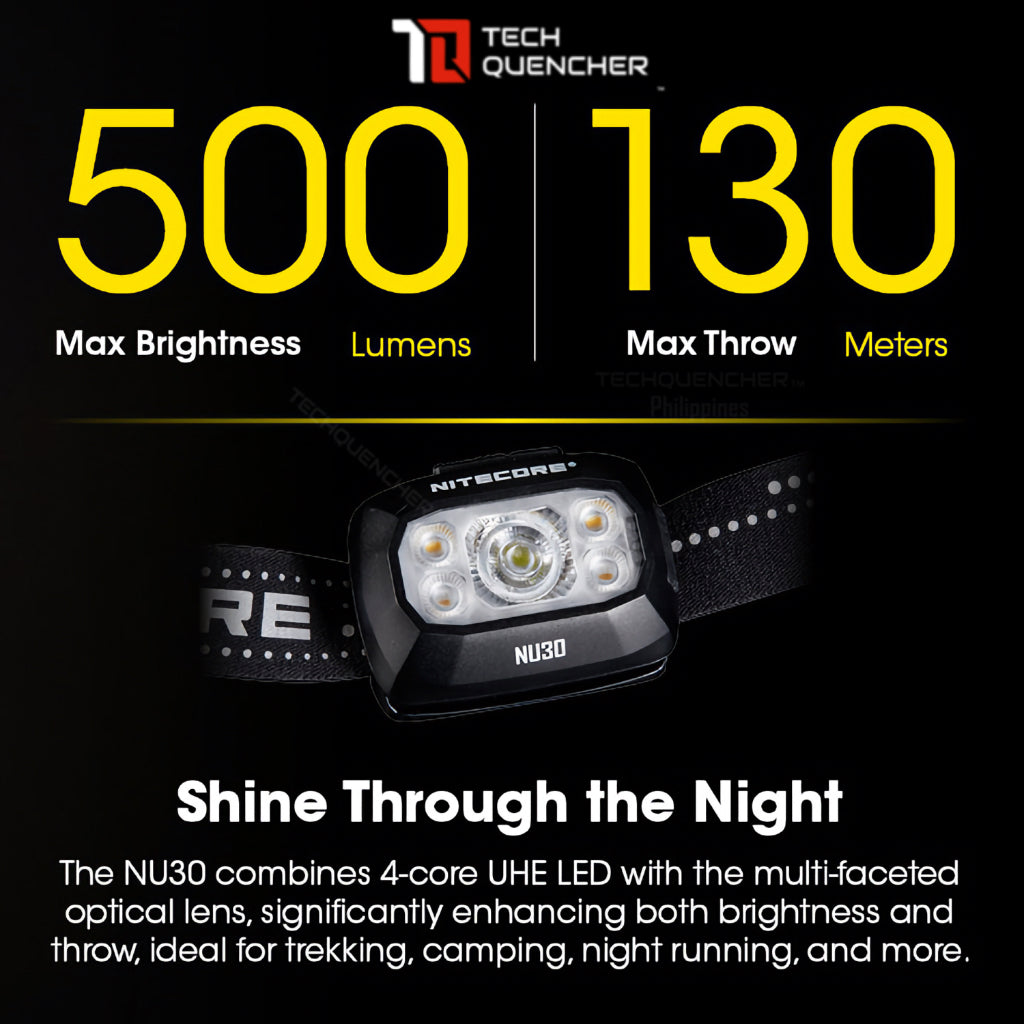 Nitecore NU30 Headlamp 500 Lumens- USB-C Rechargeable 1500mAh Battery - 3 Light Sources - IP66 - UHE