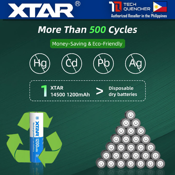 XTAR 14500 1200mAh Protected Battery - 3.6V Rechargeable Lithium-Ion Battery - 2.5A - 500+ Cycles