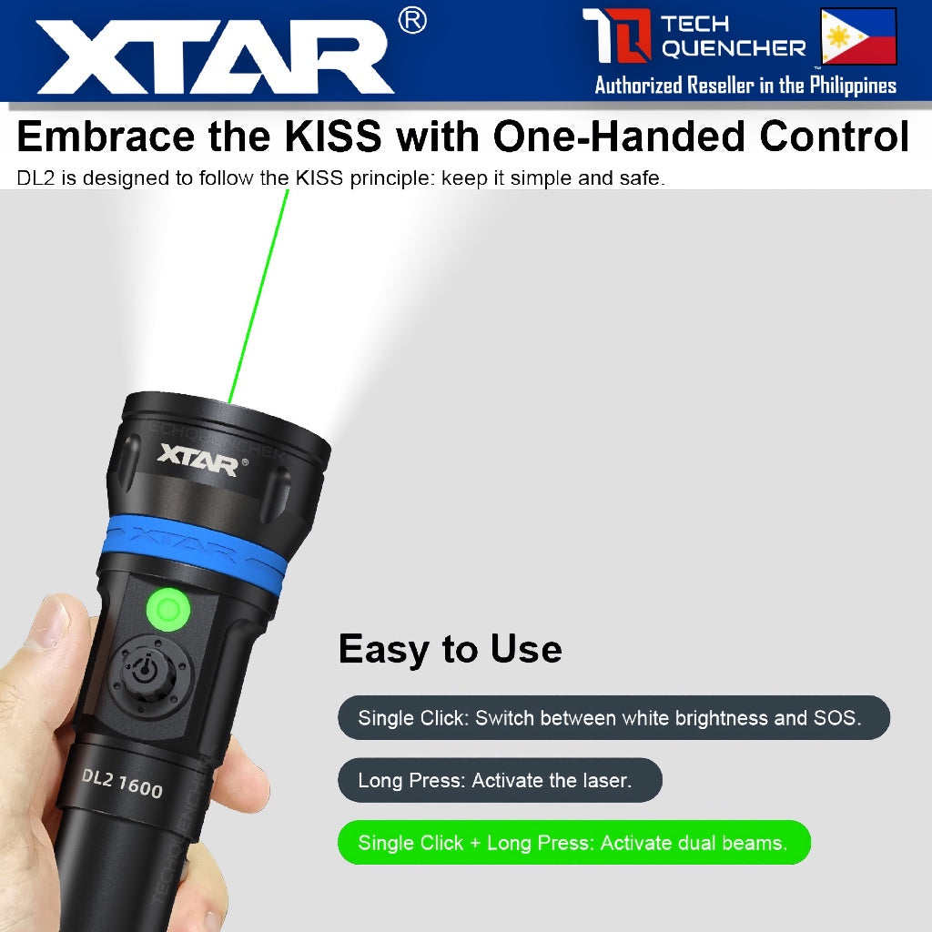XTAR DL2 Diving Flashlight with Pointer Green Laser - 1600 Lumens - 355m- Rechargeable 21700 Battery