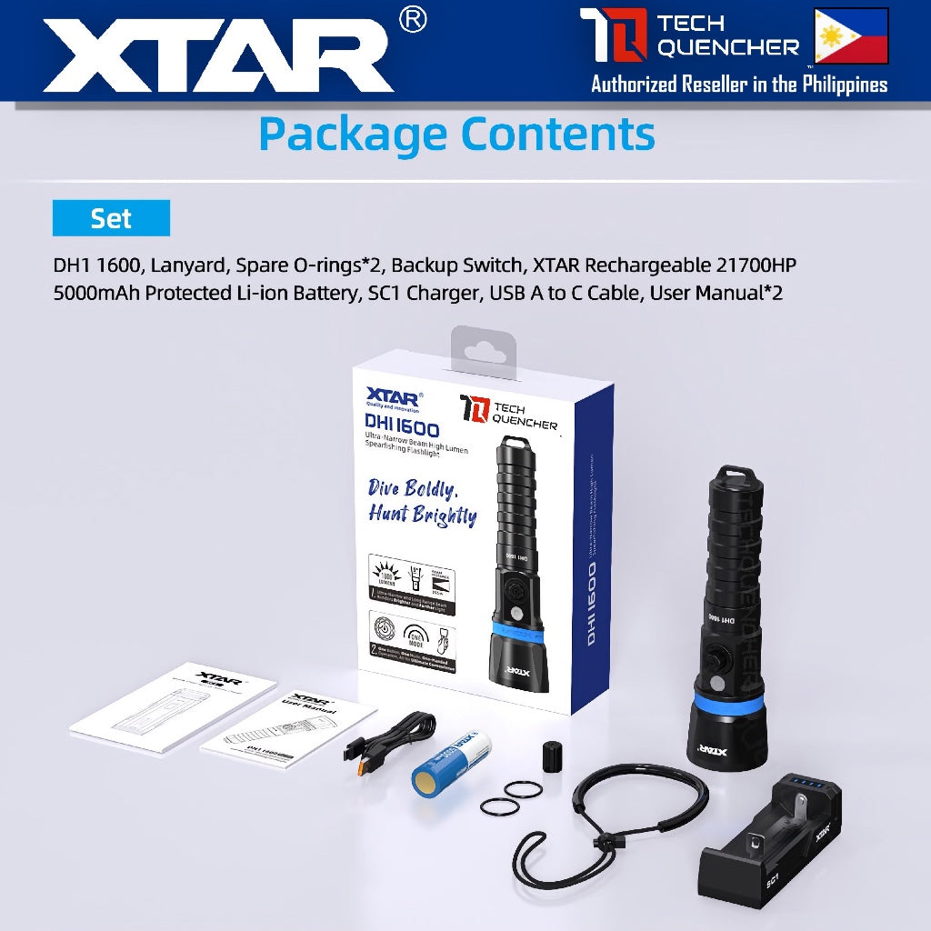 XTAR DH1 Hunter Diving Flashlight - 1600 Lumens - 355m - Rechargeable 21700 Battery - Spearfishing