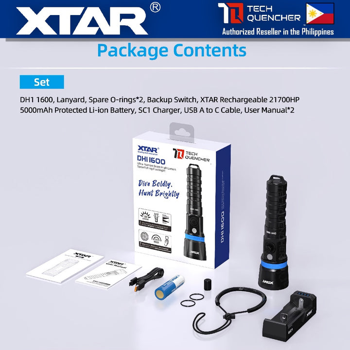XTAR DH1 Hunter Diving Flashlight - 1600 Lumens - 355m - Rechargeable 21700 Battery - Spearfishing